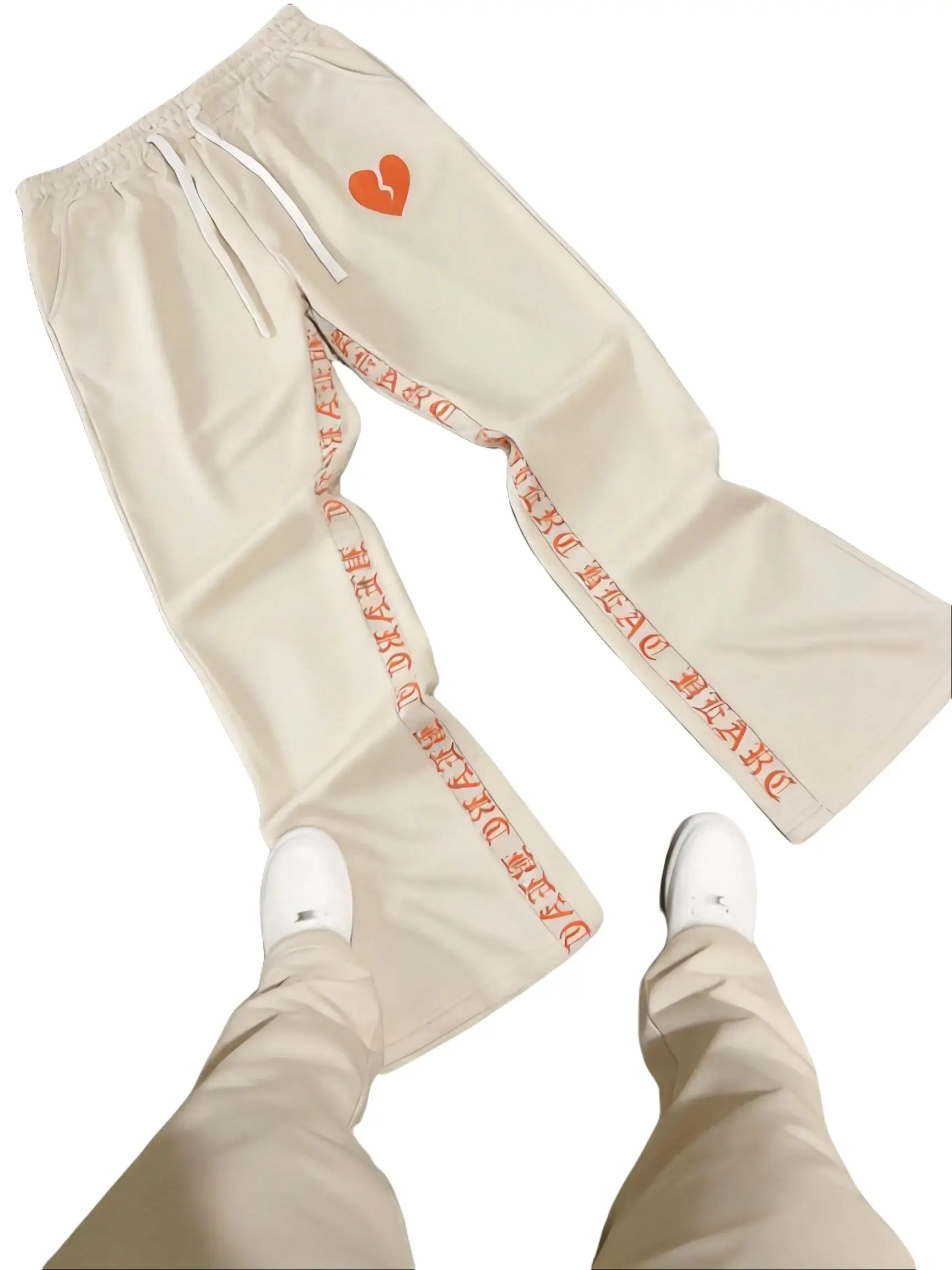 Men’s Khaki High-Street Casual Sweatpants - Slightly Flared, Side Letter & Heart Print, Drawstring Elastic Adjustable Waistband, Menswear Bottoms