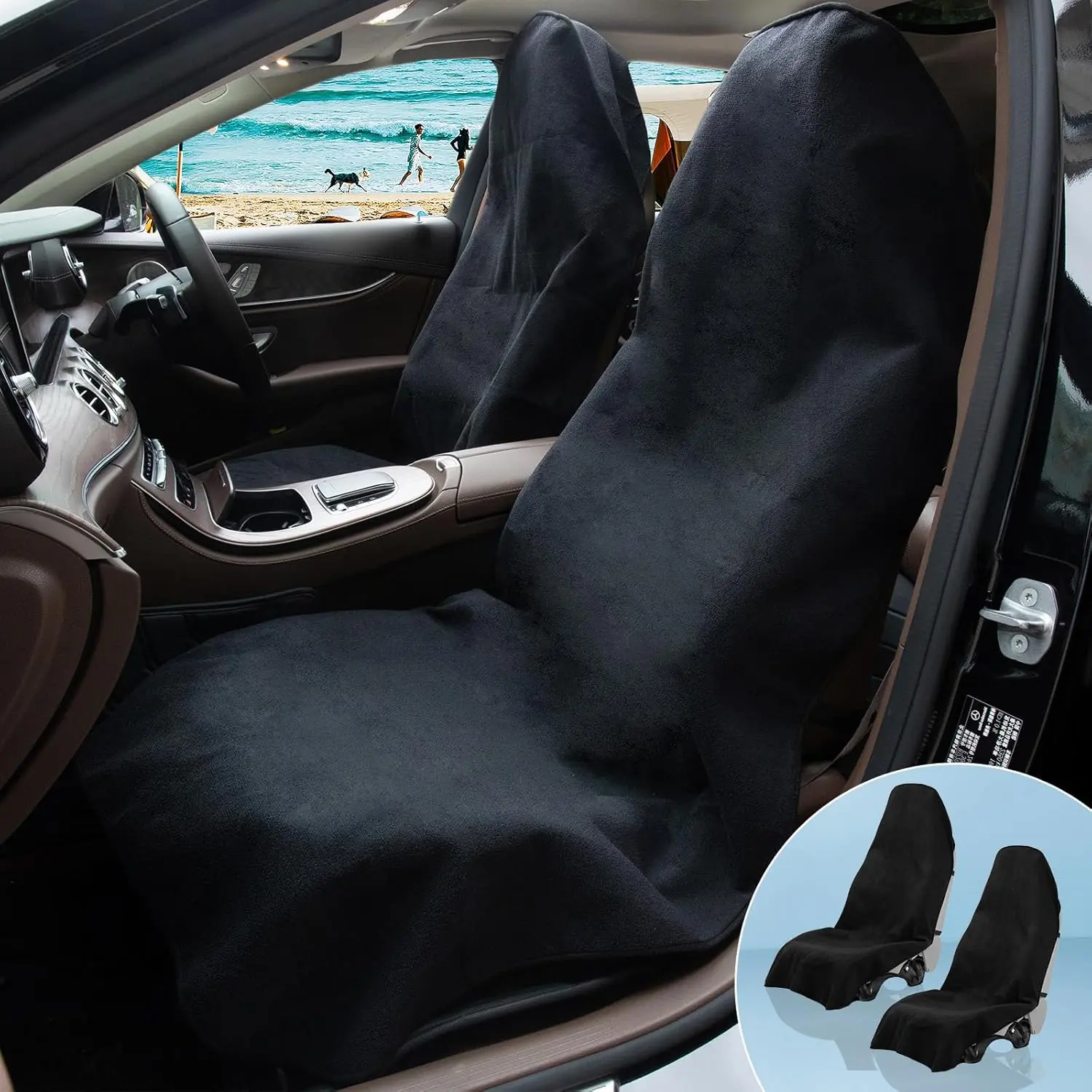 2-Pack Terry Cloth Car Seats Cover, Universal Automotive Interior Cushion - Non-Slip, Absorbent Towel Cloth for Gym Workout, Fit for SUV, Van - Black