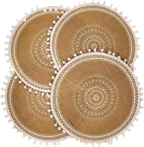 Placemats, Dining Winter Modern Dinner Braided Beige and Fall Circle Placemats Boho Runner Kitchen Round Table Plate Mats Set of 4 (White Ball)