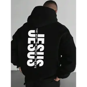 Men's Jesus The Way The Truth The Life Letter Print Hoodie, Regular Fit Casual Long Sleeve Graphic Hooded Sweatshirt for Daily Wear, Men's Clothes for Fall & Winter