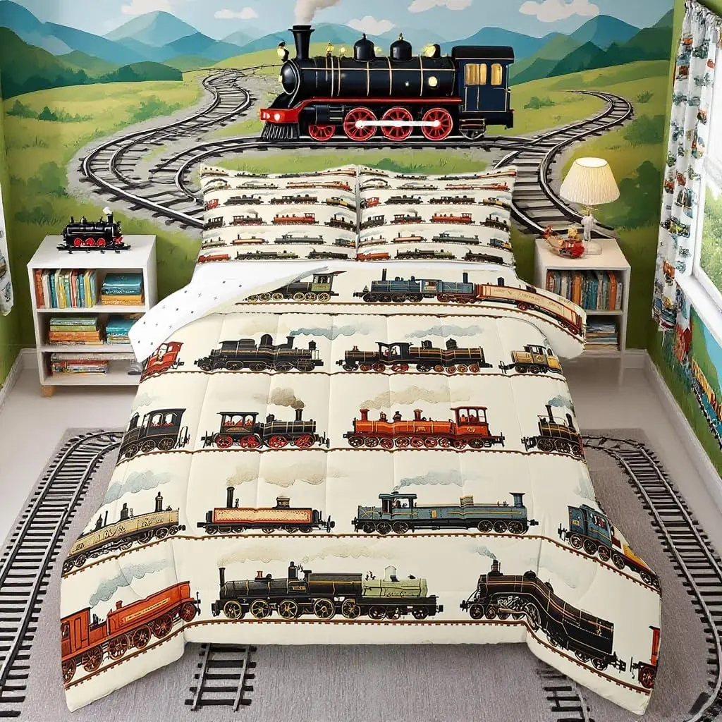 Kids Vintage Train Comforter Set Retro Steam Engine Bedding Set Retro Steam Locomotive Train Quilt Set Vehicle Train Bed Set