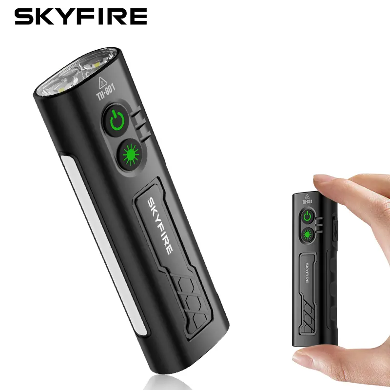 SKYFIRE EDC Pocket Flashlight with 374nm UV Light & 517nm Laser, High-Lumen LED, USB-C Rechargeable. Compact magnetic body with side UV lamp, ideal for pet urine detection, scorpion spotting and UV resin curing.