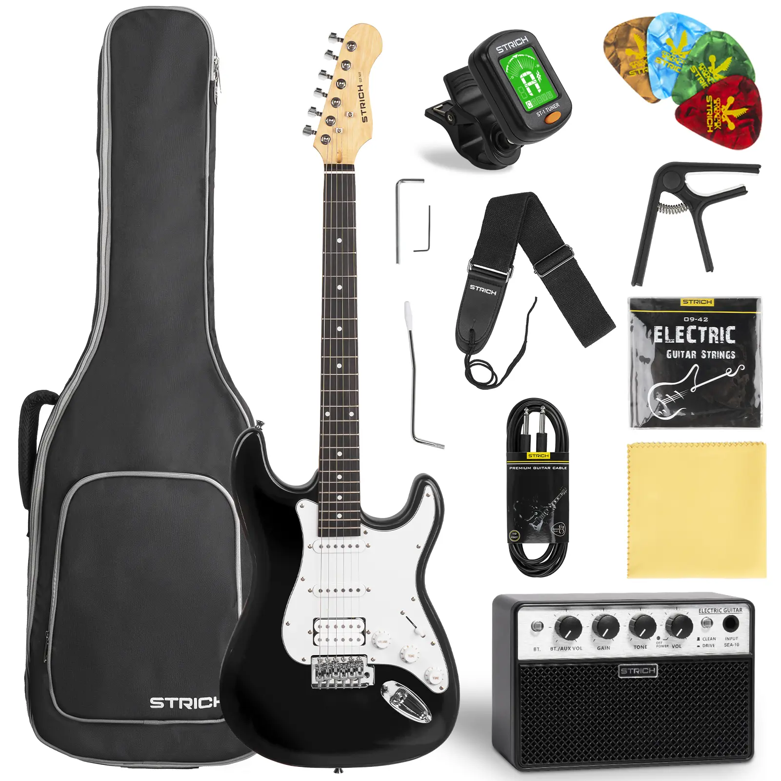 STRICH 39" Electric Guitar Beginner Kit - HSS Pickup, 10W Amplifier, Gig Bag, Tuner, Guitar Capos, Strap, Strings, Cable, Picks, SST-S20 Black