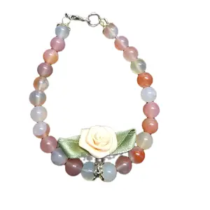 Pink Agate Beaded Bracelet with Rose Ribbon Charm - Elegant Bead Design & Soft Color Palette