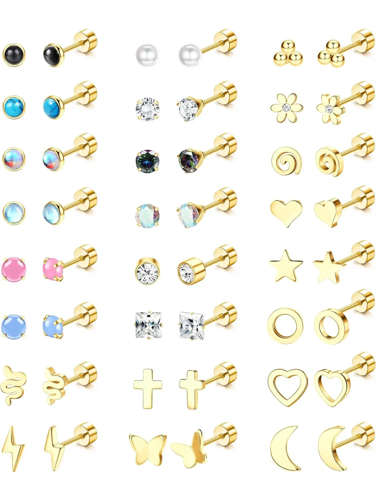 Versatile 24 Pairs Golden Flat Back Earrings, Stud Earring Pack, 303 Surgical Steel Screw Back Stud Earrings for Women Men CZ Opal Moonstone Small Earring Helix Tragus Piercing Jewelry Set Stainless Steel Studs Stackable Earrings