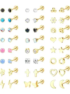 Versatile 24 Pairs Golden Cute Flat Back Earrings Trendy 303 Surgical Steel Screw Back Stud Earrings for Women Men Shining CZ Opal Moonstone Star Pearl Small Earring Helix Tragus Piercing Jewelry Set Stainless Steel Studs Stackable Earrings