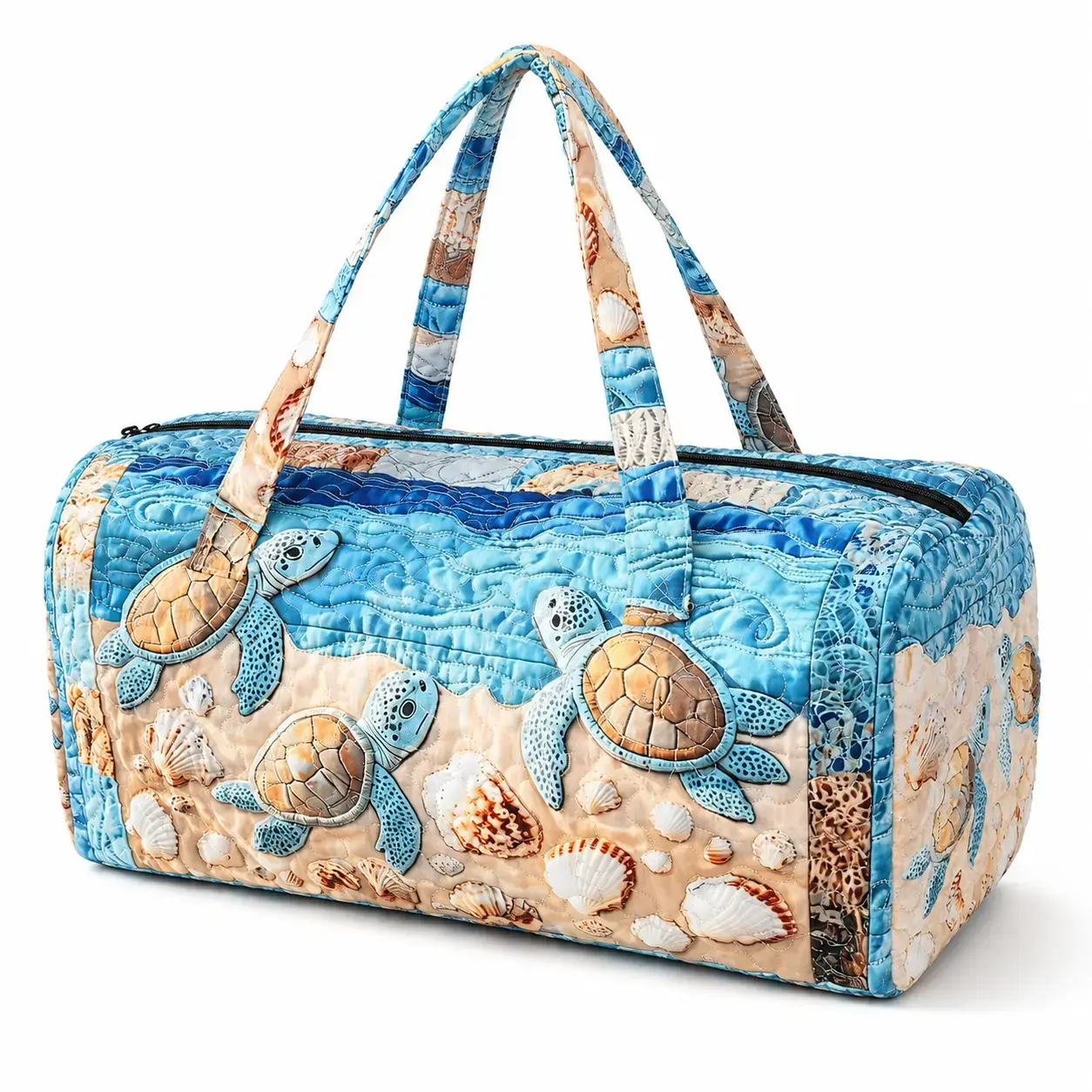 Quilted Sea Turtle Duffel Bag -  Ocean Print Sporty Gym Bag with Zipper Closure, White Lined Interior, Inner Zipper Pocket for Outdoor Trips, Sports Use, Sporty Gym Bags