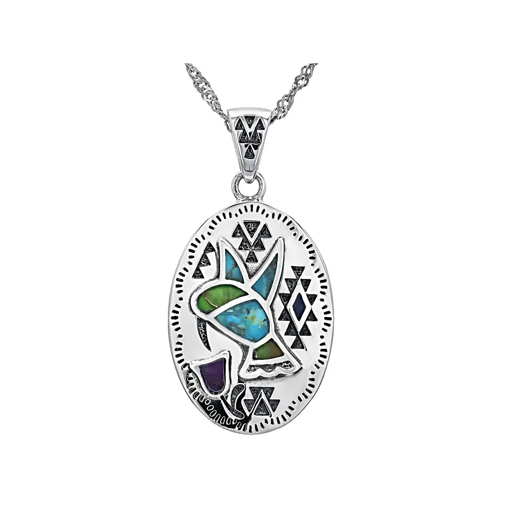 JTV Multi-Color Composite Turquoise & Lapis Sterling Silver Inlay Hummingbird Pendant With 18" Chain