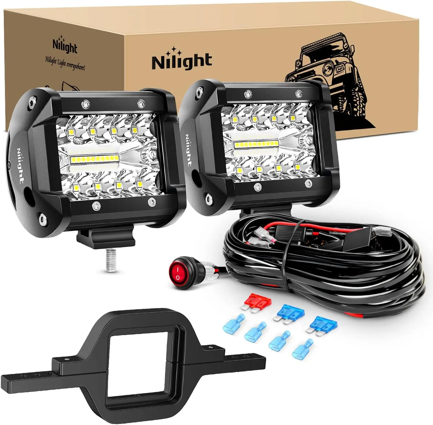 Nilight 2 Pcs 4-Inch 60W LED Tow Lights Kit - Weather-Resistant, 2-Inch Tow Hitch Mounting Brackets, Tailgate Light Bar for Pickup, ATV, Led Car Lights