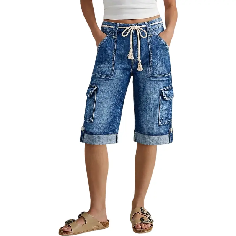 Flamingals Wash Roll Hem Flap Pocket Belted High Rise Denim Bermuda Shorts Womenswear Basic Stretchy 15.7'' Inseam