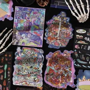 Three Endless Grotesque and Slightly Scary Landscape-themed Transparent PET Stickers, Suitable for Waterproof Decoration on Suitcases, Phone Cases, Laptops, Helmets, Skateboards, and Other DIY Creative Stickers.