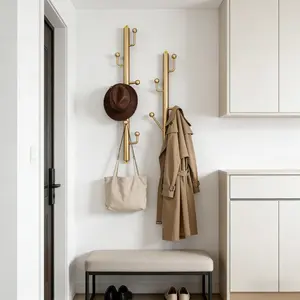 6 Hook Modern Gold Tone Metal Wall Mounted Coat & Hat Hanger Tree, Decorative Branch Style Vertical Garment Rack for Entryway Decoration, Ideal Hanging Hooks for Umbrellas, Scarves, Purses & Accessories