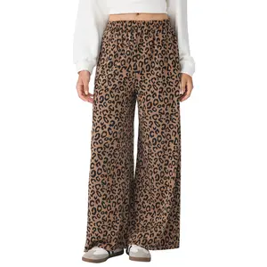 Cider Leopard Mid Rise Elastic Waist Wide Leg Trousers