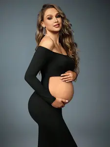 ALLITA 1 Set Maternity Photoshoot Off Shoulder Long Sleeve Top And Elastic Waist Mermaid Skirt