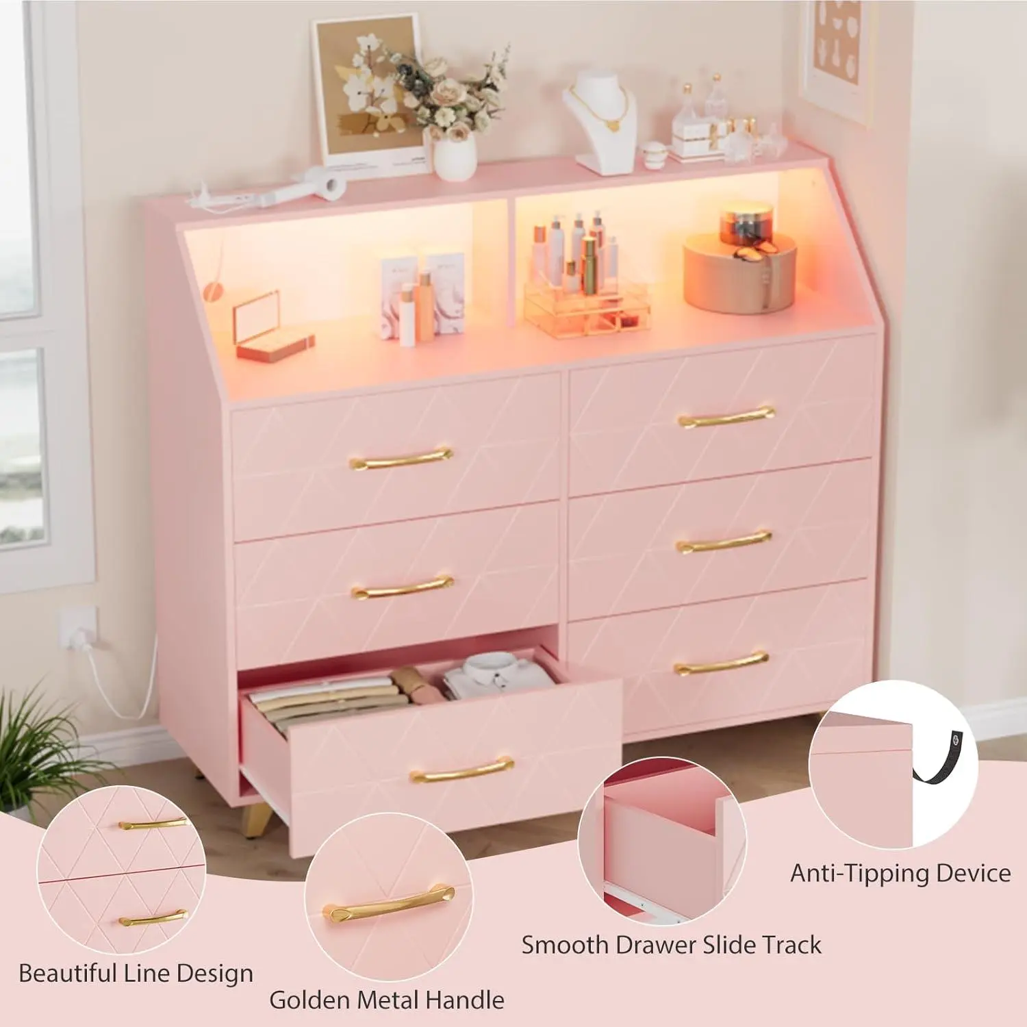 47 Inch Lighted 6 Drawer Dresser With Charging Station Contemporary Geometric Design Gold Handles And Legs Spacious Bedroom Storage Chest Led Accent Usb Ac Power Outlets Pink