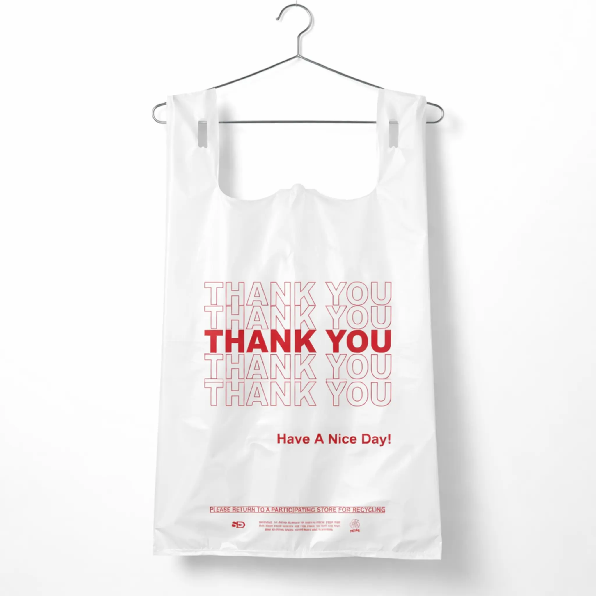 White “Thank You” Heavy-Duty Plastic T-Shirt Bags 10" x 6" x 20" - 22 Mic - 500/Case