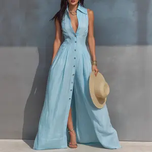 Women's High-Waist Lapel Shirt Maxi Dress