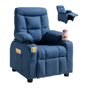 VEVOR Kids Reclining Chair, Toddler Recliner with Cup Holders and Pockets, 107 to 126 Adjustable Backrest, Breathable Polyester Fabric Recliner Couch with Footrest, for Boys Girls, Children(Blue)