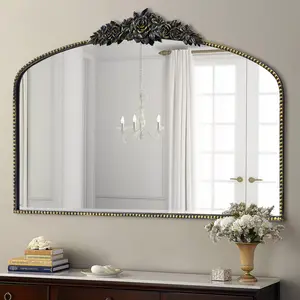Antique Black Arch Wall Mirror, 48"x30" Traditional Vintage Mantel Mirror with Ornate Metal Frame, Baroque Victorian Mirror for Fireplace/Entryway/Bathroom/Living Room/Hallway