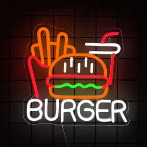 Burger Fries Neon Sign for Wall Decor Hamburger Led Neon Light Sign Fast Food Business Light Up Sign Burger Shop Sign Diner Burgers Sign for Kitchen or Snack Bar