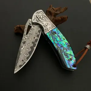 1 piece high quality Damascus steel folding knife, EDC cutting knife, portable outdoor knife wilderness survival knife, outdoor, camping, rescue, survival, men's