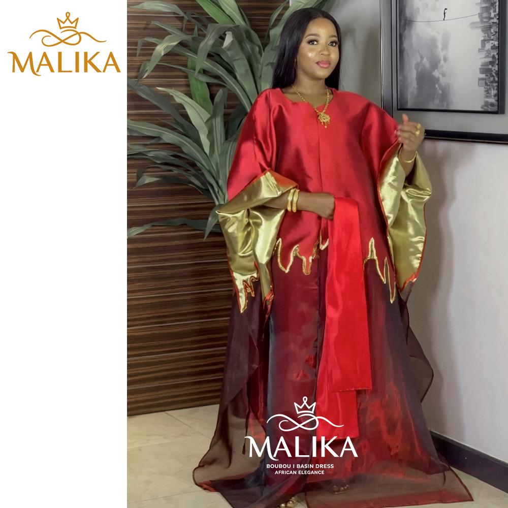 2pcs Set East Middle Red Brocard Boubou Dress With Strap Lining African Classical Party Dress Plus Size Luxury Long Sleeve