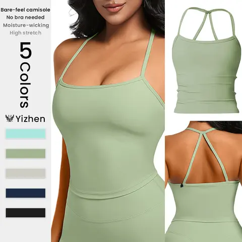 Female High-Stretch Nylon Square Neck Tank Top - Slim-Fitting Sportswear with Y-Back Straps, Built-In Bra, Quick-Dry Fabric, Workout Clothes for Gym, Yoga