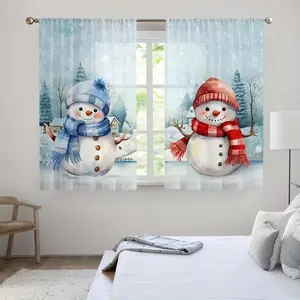 Festive Snowman Transparent Curtains, Cute Winter Design with Blue and Scarves, Half-Transparent Polyester for Kitchen and Bathroom