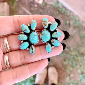 Q[Daily Turquoise Pendant Earrings] Bohemian Vintage Turquoise Pendant Earrings, Alloy Synthetic Gemstone, Fashionable Boho Style, Daily & Gift Occasion, Women'S Party Jewelry Accessory, All Seasons Suitableo