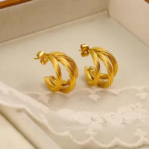Twisted Triple Hoop Earrings for Women| 14K Gold Plated Waterproof Statement Jewelry