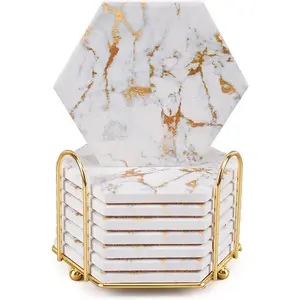 Marble Coaster Set for Table Protection,8 Pcs Drink Coasters with Metal Holder, Home Decor, Bar Coasters