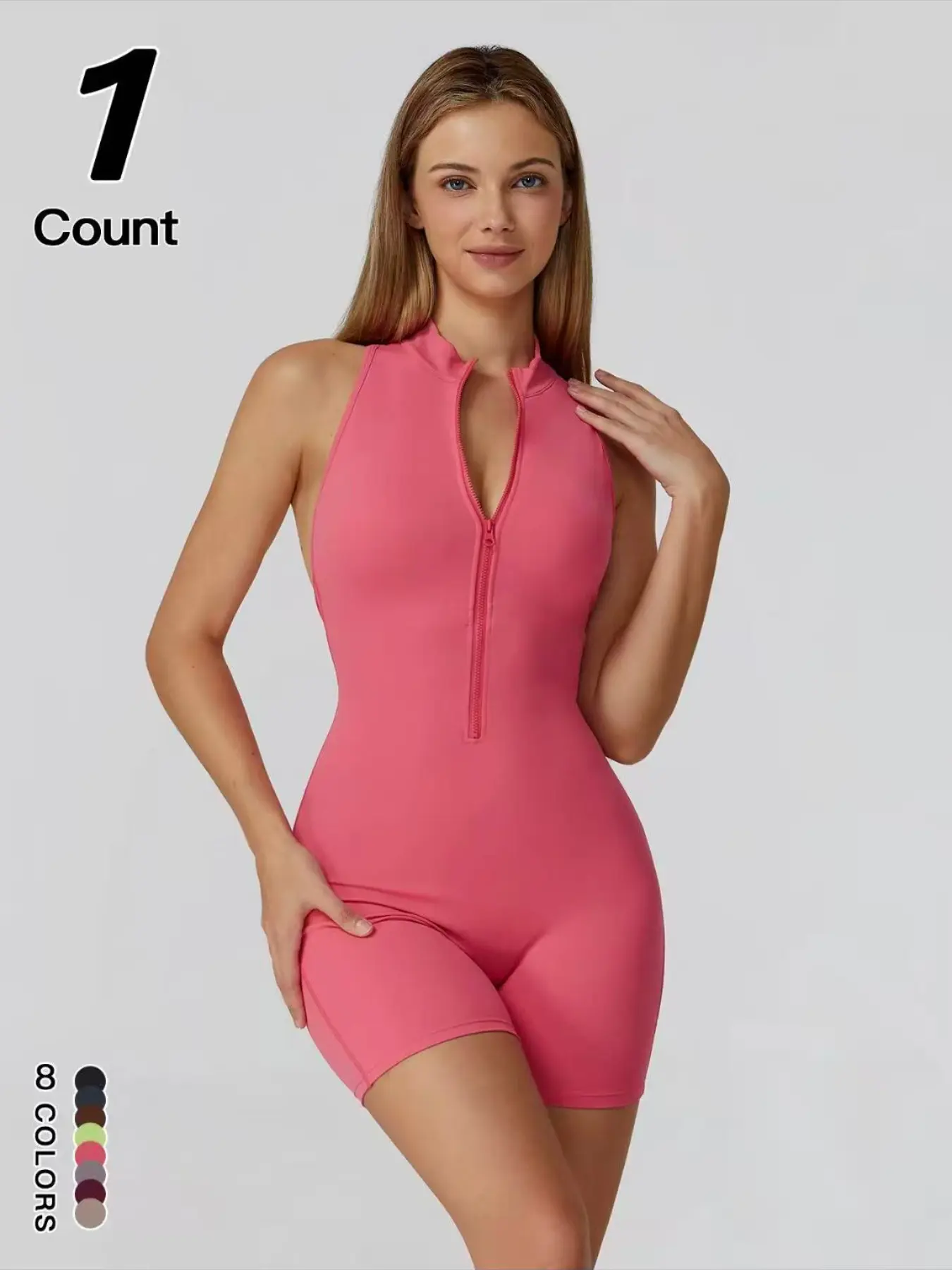 Women's Solid Ribbed Mock Neck Romper, Workout Sporty Jumpsuit, Casual Comfy Sleeveless Skinny Romper for Summer, Stretchable Activewear, Tummy Control & Butt-Lifting High-Stretch Fabric, Yoga Gym Running Sportswear, for Indoor Outdoor Daily Wear