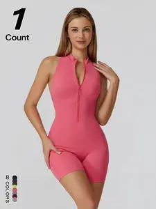 Women's Solid Ribbed Mock Neck Romper, Workout Sporty Jumpsuit, Casual Comfy Sleeveless Skinny Romper for Summer, Tummy Control & Butt-Lifting High-Stretch Fabric, Yoga Gym Running Sportswear, for Indoor Outdoor Daily Wear