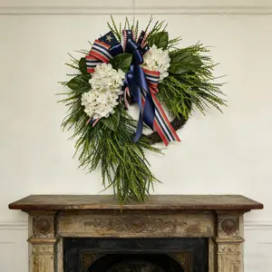 Elegant Patriotic Hydrangea Wreath, Flowers with Pine Branches and Blue Bow, Perfect Memorial Day Porch Decoration