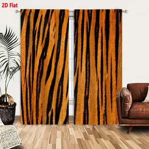 2D Flat Tiger Striped Black and Orange Curtain Set 2 Pieces, Thermal Insulated Room Darkening Blackout Curtains with Soft Fuzzy Texture, Decorative Window Treatment for Bedroom Living Room, Natural Animal Print Design