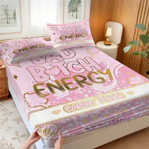 3PCS Bad Bitch Energy" Printed Fitted Sheet Set, Stylish and Aesthetic Bedding Set, Soft Microfiber Bedding Set with Pillowcases, Microfiber Bed Sheets, Perfect for Bedroom and Dorm Decor, Decorative Bedsheet Sets – Unfilled
