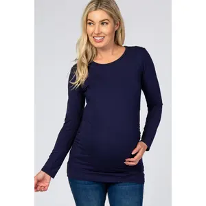 Navy Blue Long Sleeve Ruched Fitted Maternity Top