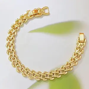 14K Gold Plated Double Row Woven Chain Bracelet, Chunky Basket Weave Link Bracelet for Women, Statement Vintage Inspired Adjustable Jewelry