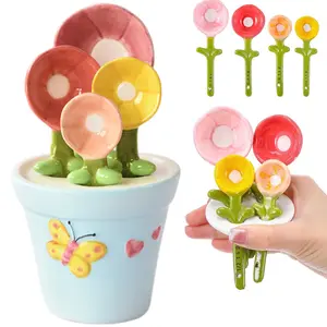 Ceramic Measuring Spoon Set, Flower Shape Measuring Spoons, Baking Cup with Stand, Cute Decorative Item, Kitchen Tool for Dry and Wet Ingredients