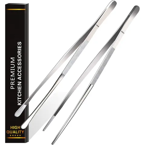 [New Deal] 2 Pcs 12-Inch Fine Hardware Stainless Steel Tweezers Tongs, Extra-Long Handle Outdoor BBQ Utensils, BBQ Tools for Barbecue Cooking Kitchen