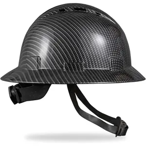 Carbon Fiber Safety Hard Hat Full Brim, 6-Point Ratchet Suspension Work Hard Hat with Chin Strap, Lightweight ABS Construction Helmet for Industrial Work
