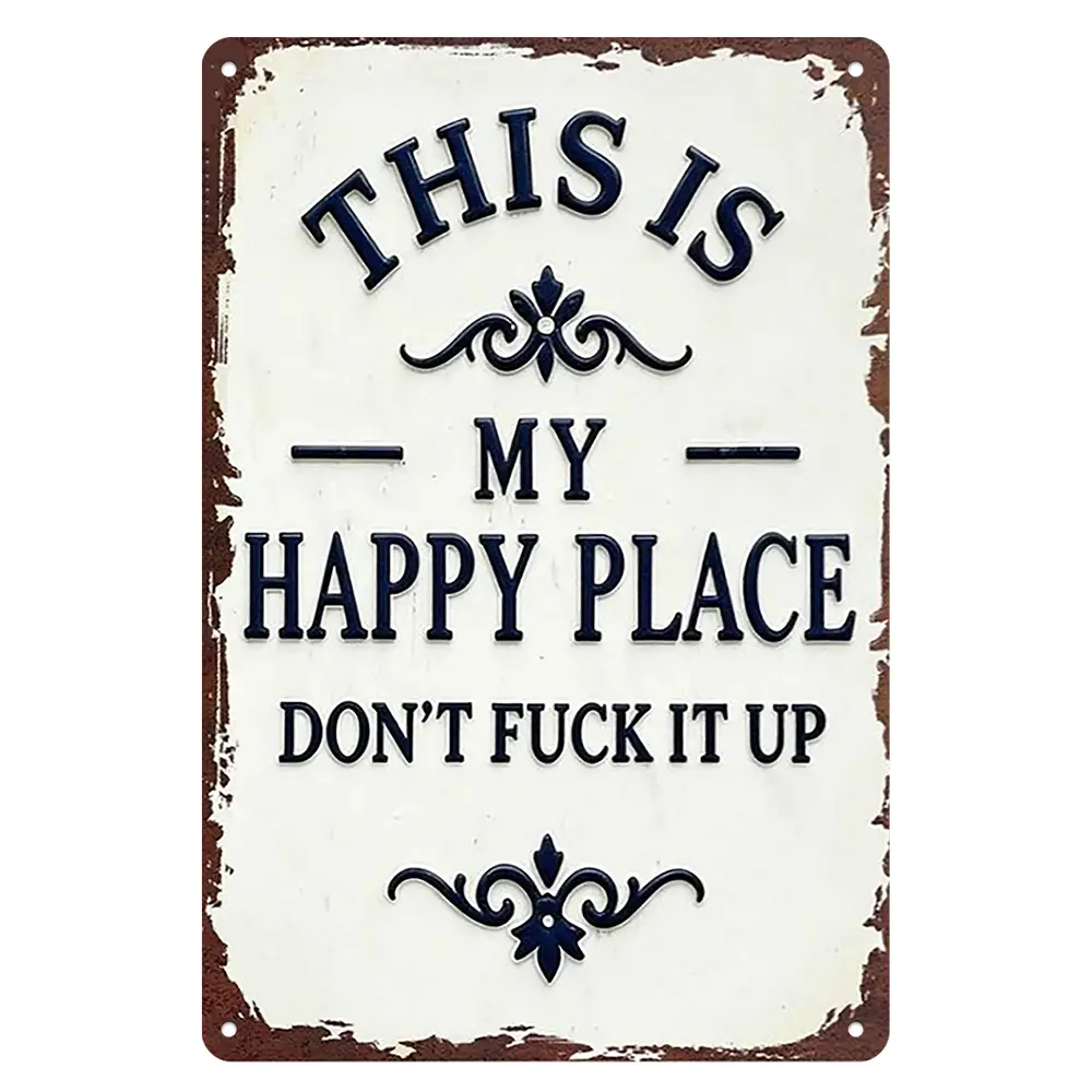 Vintage Embossed Aluminum Home Signboard - 8x12 in Lightweight "This Is My Happy Place" Distressed Ornate Plaque, Casual Farmhouse Wall Decor for Outdoors/Lounge, Home Art Gift for Attitude Humor Lovers