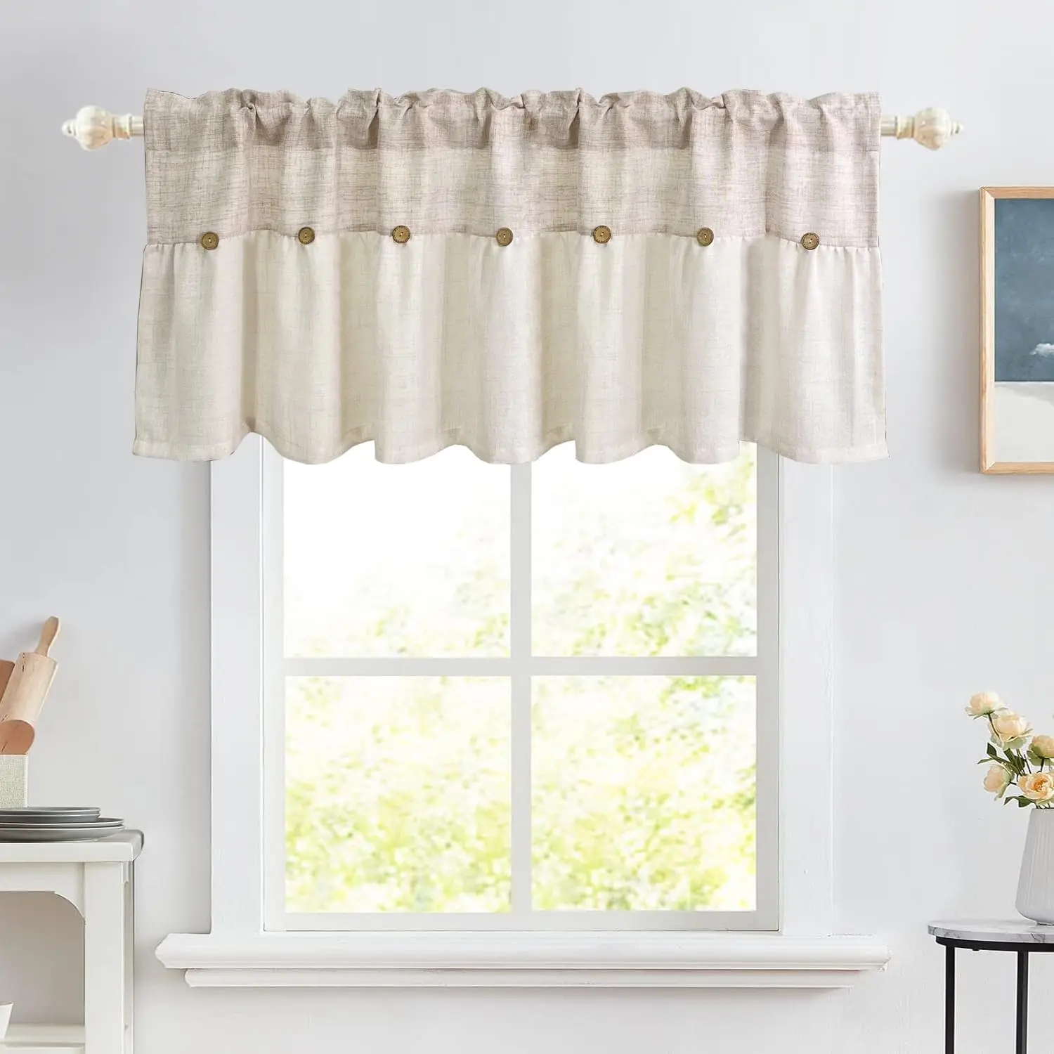 Faux Linen Button Valance Boho Cafe Curtain 1PC W39 x L19 | Farmhouse Kitchen Valances for Windows, Rod Pocket Top, Burlap Valance Privacy, Bathroom Curtains for Small Windows