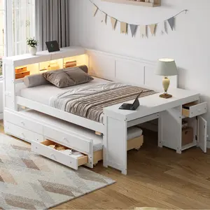 Full Size Daybed Wood Frame with Storage Shelves,Drawers,Trundle,Charging Station,LED Light,Desk and Cabinet, No Box Spring Needed
