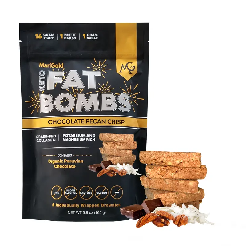 MariGold Keto Fat Bombs Snacks - Chocolate Pecan Crisp - (1 bag, 5 Bars), Low Carb, Low Sugar,  Collagen Rich, Organic Cocoa Butter & Pecans, Gluten-Free/Non-GMO, Protein Snacks