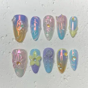 [Opal Garden] Medium Almond Acrylic Handmade Press on Nails, Fake Nails with Nail tool kit with Jelly Stickers, Reusable, Durable
