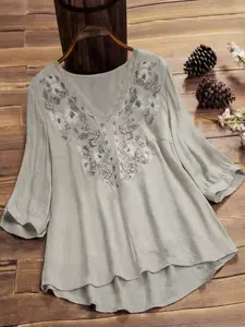 Plus Size Floral Embroidery Lace Patchwork V-Neck Casual Vacation Shirt, Summer Style, Comfortable and Stylish, Perfect for Holidays