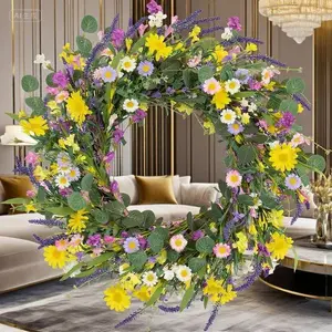 22 Inch Artificial Daisy and Lavender Wreath with Wildflowers for Front Door - Farmhouse Spring Summer Decor - Easter Holiday Party Wall Hanging - Reusable Seasonal Home Decoration