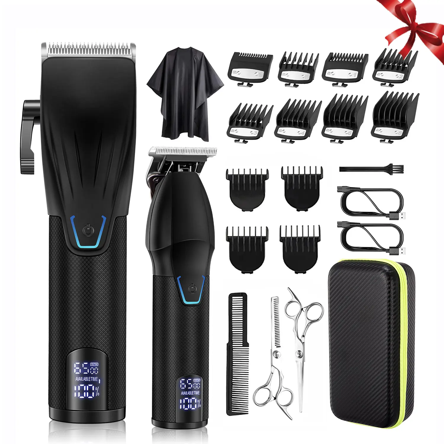 Men's Cordless Hair Clipper & T-Blade Trimmer Set, Professional Barber Grooming Kit with LED Display, Adjustable Speeds, USB Rechargeable Wireless Barber Equipment, Barber Clippers, Wireless Hair Clipper
