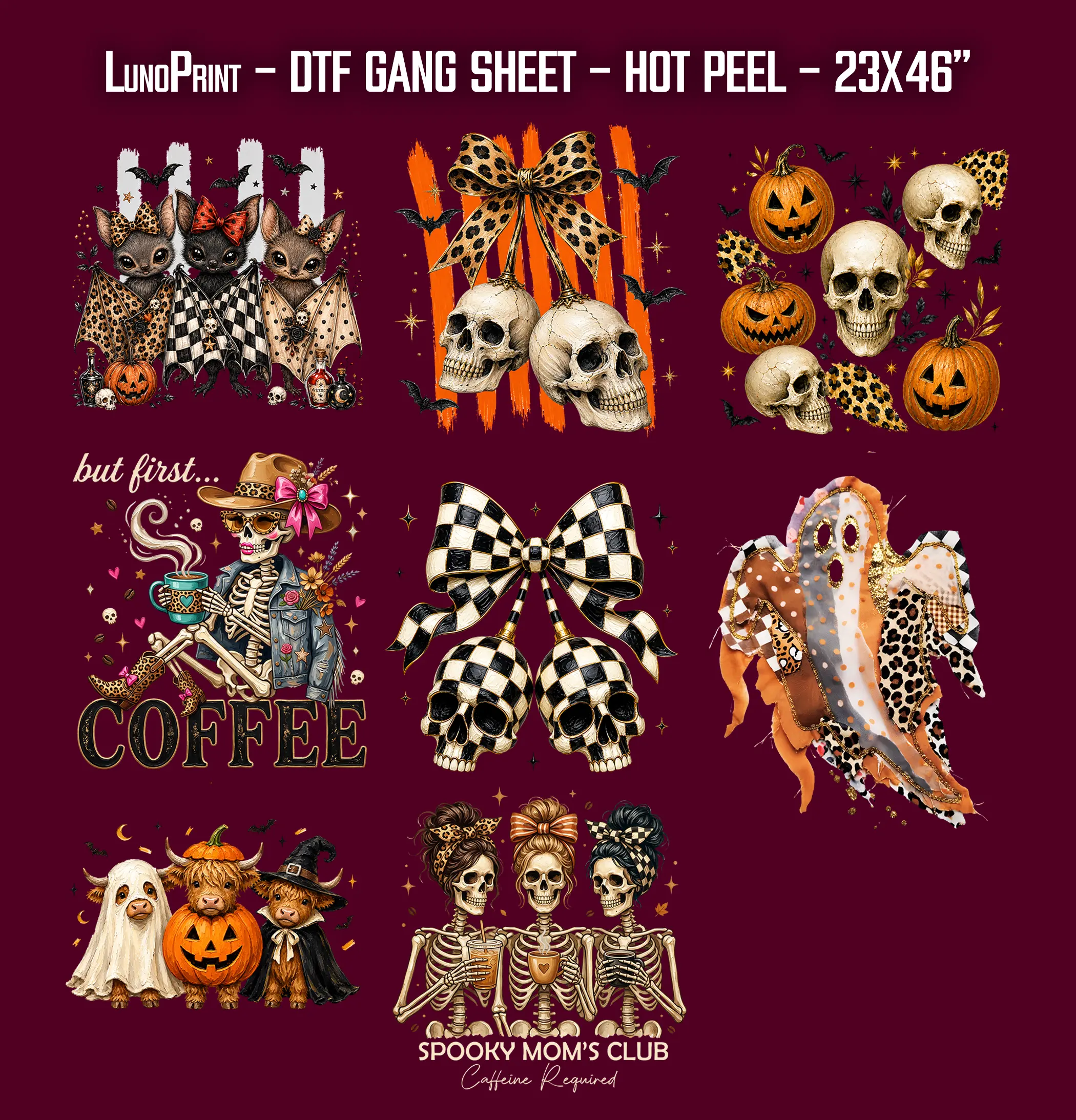 Spooky Skeleton DTF Gang Sheet, 23x46 in. Halloween Ready to Press Heat transfers